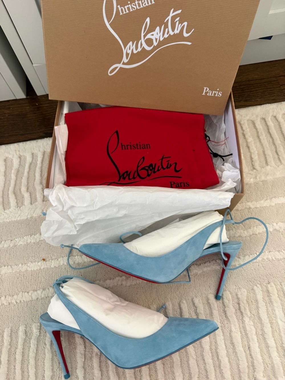 Christian Louboutin Powder Blue Suede Pointed-Toe Slingback Heels